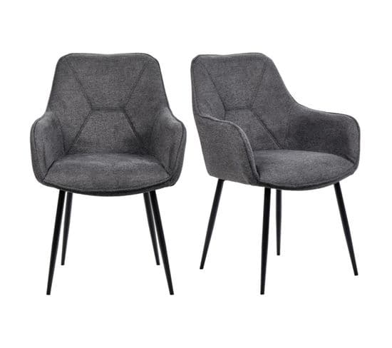 Lot De 2 Chaises Avec Accoudoirs Tissu Gris Et Pieds Métal - Theo