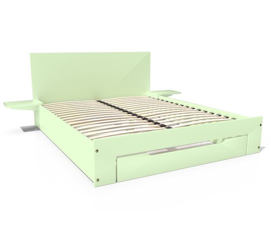 Lit Happy + Tiroirs + Chevets Amovibles - 2 Places, Couleur: Vert Pastel, Dimensions: 160x200