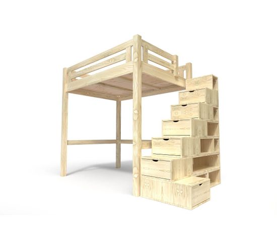 Lit Mezzanine Alpage Bois + Escalier Cube Hauteur Réglable, Vernis Naturel / 140x200