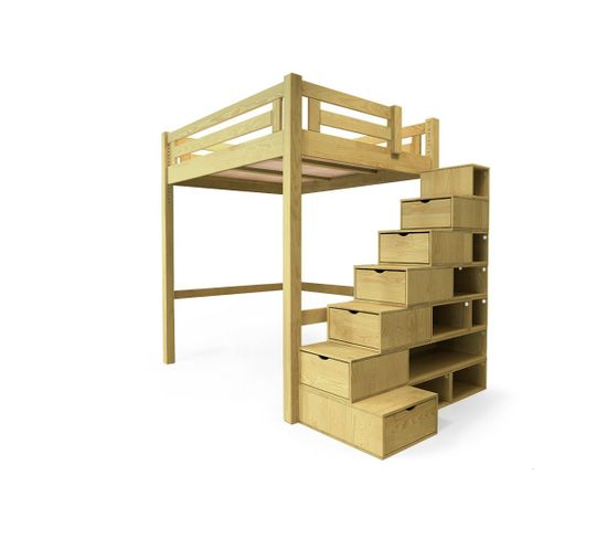 Lit Mezzanine Alpage Bois + Escalier Cube Hauteur Réglable, Couleur: Miel, Dimensions: 140x200