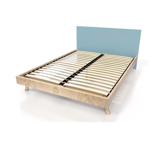 Lit Viking Style Scandinave Bois 2 Places, Couleur: Vernis Naturel/bleu Pastel, Dimensions: 160x200