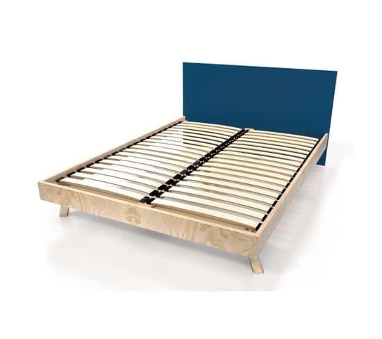 Lit Viking Style Scandinave Bois 2 Places, Couleur: Vernis Naturel/bleu Pétrole, Dimensions: 160x200