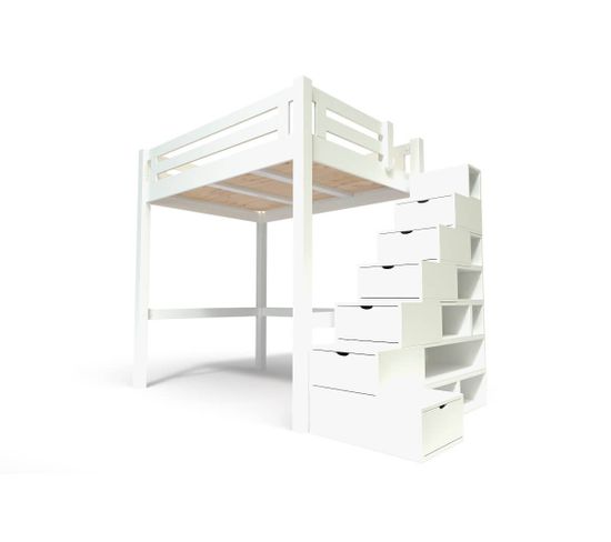Lit Mezzanine Alpage Bois + Escalier Cube Hauteur Réglable, Couleur: Blanc, Dimensions: 120x200