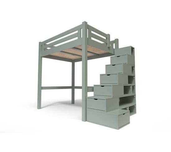 Lit Mezzanine Alpage Bois + Escalier Cube Hauteur Réglable, Couleur: Gris, Dimensions: 120x200