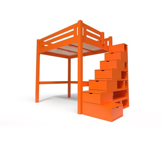 Lit Mezzanine Alpage Bois + Escalier Cube Hauteur Réglable, Couleur: Orange, Dimensions: 140x200