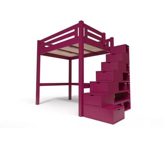 Lit Mezzanine Alpage Bois + Escalier Cube Hauteur Réglable, Couleur: Prune, Dimensions: 140x200