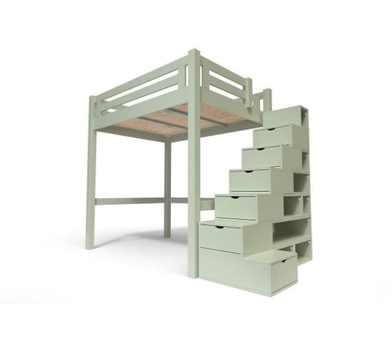 Lit Mezzanine Alpage Bois + Escalier Cube Hauteur Réglable, Couleur: Moka, Dimensions: 140x200