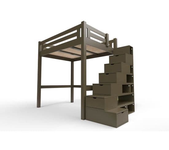 Lit Mezzanine Alpage Bois + Escalier Cube Hauteur Réglable, Couleur: Wengé, Dimensions: 140x200