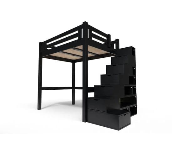 Lit Mezzanine Alpage Bois + Escalier Cube Hauteur Réglable, Couleur: Noir, Dimensions: 140x200