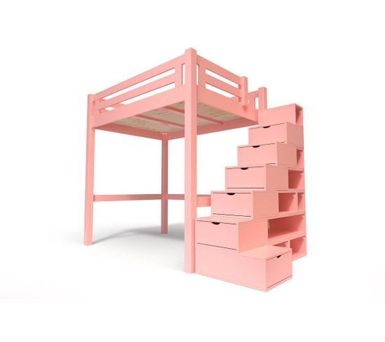 Lit Mezzanine Alpage Bois + Escalier Cube Hauteur Réglable, Rose Pastel / 160x200