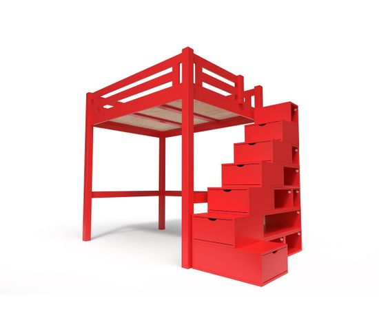 Lit Mezzanine Alpage Bois + Escalier Cube Hauteur Réglable, Couleur: Rouge, Dimensions: 160x200