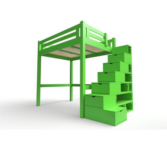 Lit Mezzanine Alpage Bois + Escalier Cube Hauteur Réglable, Couleur: Vert, Dimensions: 160x200