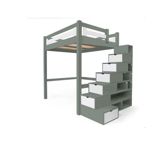 Lit Mezzanine Alpage Bois + Escalier Cube Hauteur Réglable, Gris/blanc / 140x200