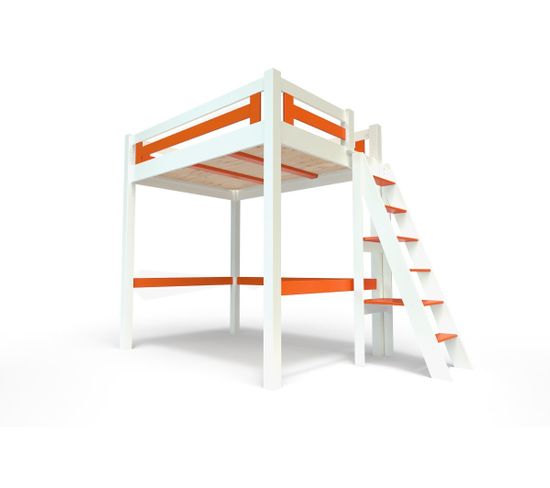 Lit Mezzanine Alpage Bois + Échelle Hauteur Réglable, Couleur: Blanc/orange, Dimensions: 140x200