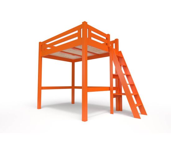 Lit Mezzanine Alpage Bois + Échelle Hauteur Réglable, Couleur: Orange, Dimensions: 160x200