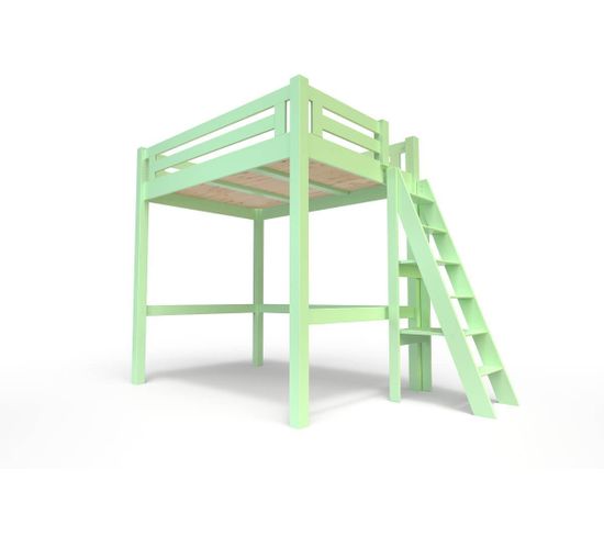 Lit Mezzanine Alpage Bois + Échelle Hauteur Réglable, Couleur: Vert Pastel, Dimensions: 160x200