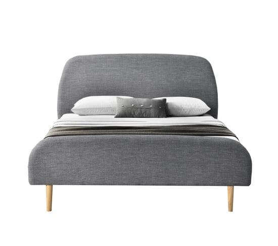 Cadre De Lit Scandinave En Tissu Gris Clair Avec Pieds En Bois 140x190 Cm Sandvik