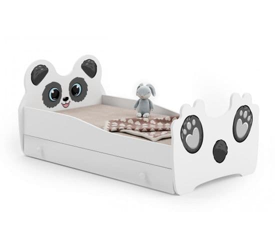 Lit Simple Enfant Motif Panda 160x80 Cm + Tiroir De Rangement Avec Matelas