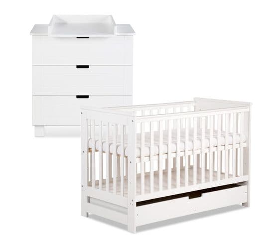 Iwo Ensemble Commode À Langer + Lit Évolutif Bébé 120x60 + Tiroir   Blanc