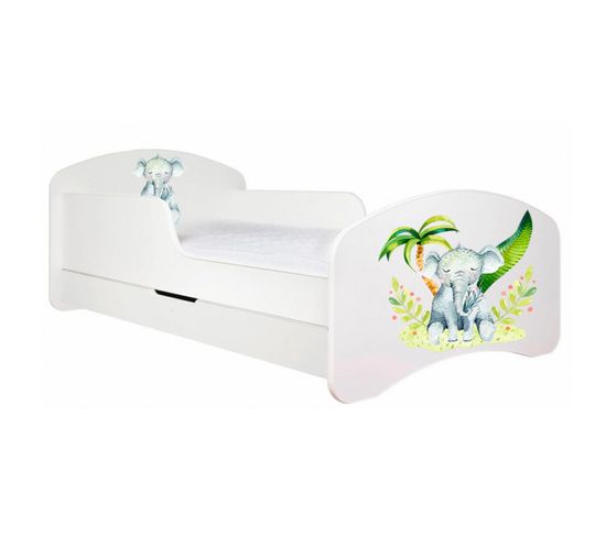 Lit Enfant 180x90    Blanc   Motif Éléphant + Matelas Mousse Avec Tiroir