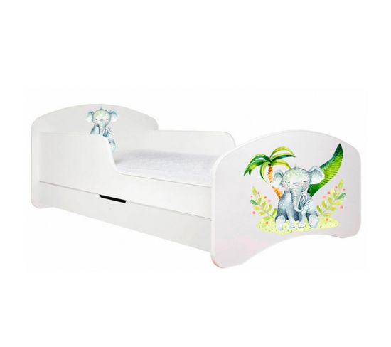 Lit Enfant 190x90    Blanc   Motif Éléphant + Matelas Mousse Sarrasin Avec Tiroir