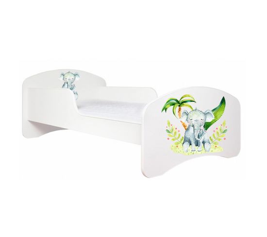 Lit Enfant 160x80    Blanc   Motif Éléphant + Matelas Mousse Latex Coco Sans Tiroir