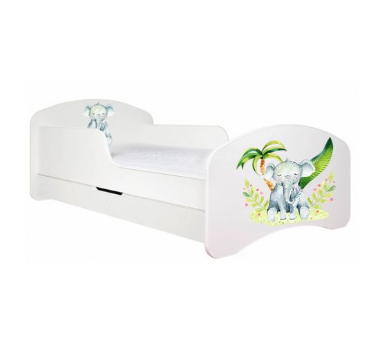 Lit Enfant 140x70    Blanc   Motif Éléphant + Matelas Mousse Latex Avec Tiroir