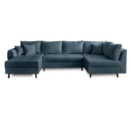 Canapé Angle Droit Convertible 7 Places Rune En Tissu Bouclette Bleu Nuit