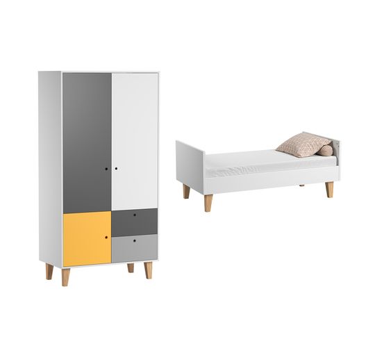 Lit Évolutif 70x140 Et Armoire 2 Portes Concept - Jaune