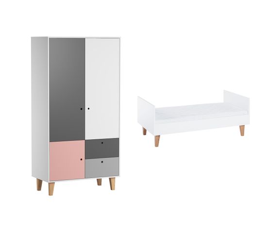 Lit Évolutif 70x140 Et Armoire 2 Portes Concept - Rose