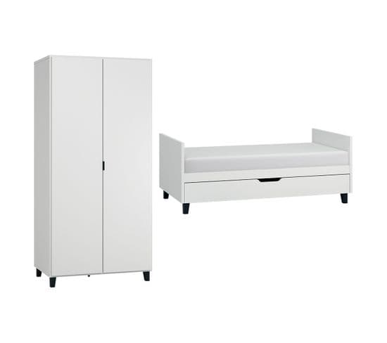 Lit Évolutif 70x140 Et Armoire 2 Portes Simple - Blanc