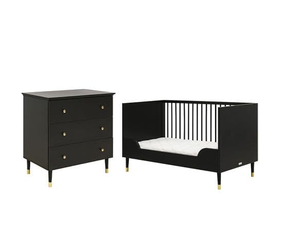 Lit Évolutif 70x140 Et Commode 3 Tiroirs Cloe - Noir Mat