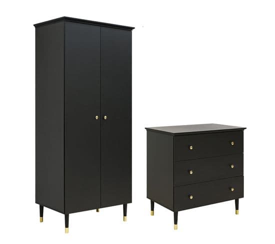 Commode 3 Tiroirs Et Armoire 2 Portes Cloe - Noir Mat