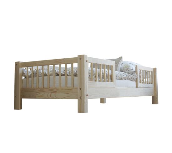 Lit 90x190 Barrières Et Sommier Inclus Pieds 10 Cm Adèle - Bois