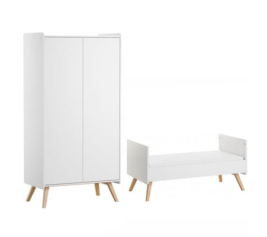 Lit Évolutif 70x140 Et Armoire 2 Portes Vintage - Blanc Et Bois