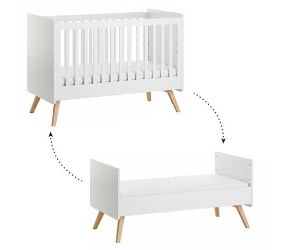 Lit Évolutif 70x140 Sommier Inclus Vintage - Blanc Et Bois