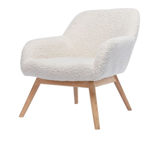 Malmo, Fauteuil Lounge En Tissu Bouclé Écru Et Hévéa Naturel