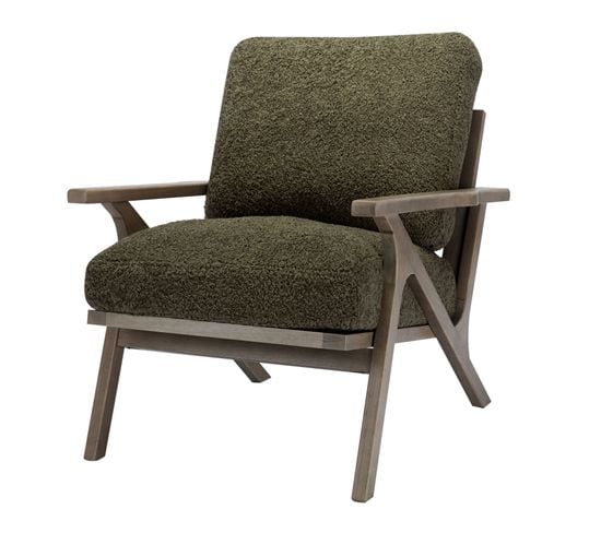 Alan - Fauteuil Lounge En Tissu Bouclette Army Et Bois Patiné