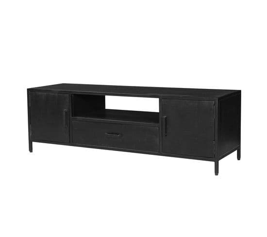Uzes-meuble TV 2 Portes 1 Tiroir L160 En Manguier Massif Noir Et Métal