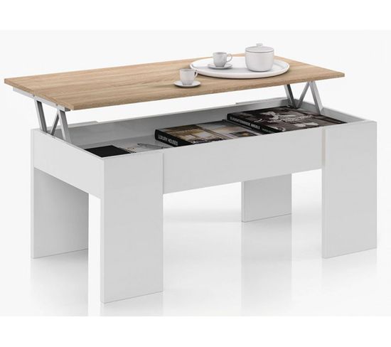 Table Basse Modulable En Panneaux De Particules Coloris Blanc Artik/ Chêne Canadien -dim : L100 X P50 X H42 Cm