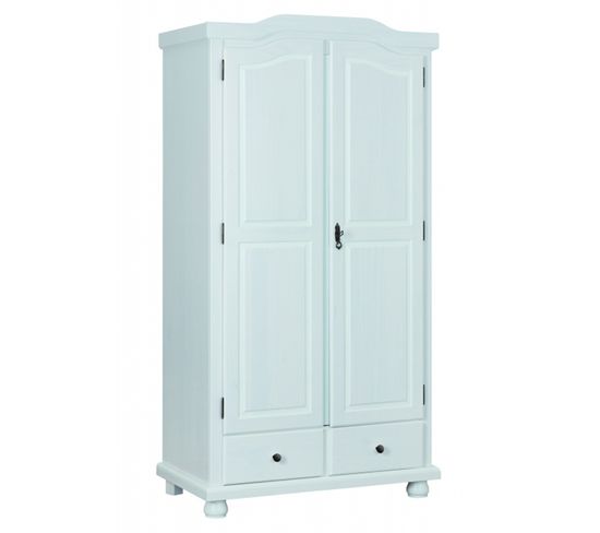 Armoire 2 Portes Et 2 Tiroirs En Pin Massif Blanc - Dim : 56 X 104 X 198 Cm