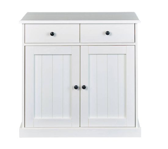 Bahut 2 Portes 2 Tiroirs En Bois Massif Laqué Blanc - Dim : L90 X H86 X P45 Cm