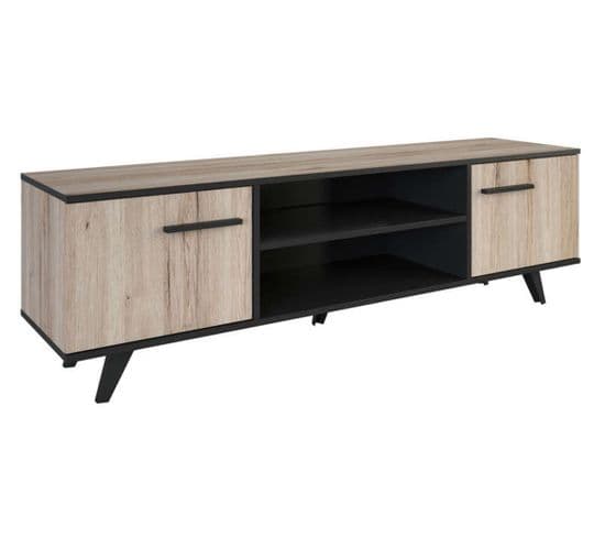 Meuble Tv Avec 2 Portes Et 2 Niches Coloris Chêne/ Noir - Dim : 151,4 X 46,2 X 39,3 Cm