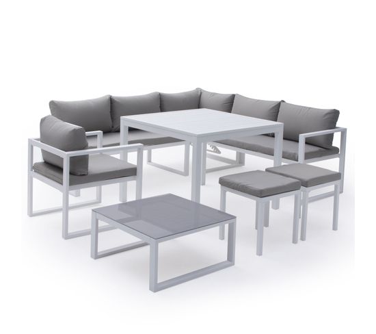 Salon De Jardin Modulable Ibiza En Tissu Gris 7 Places - Aluminium Blanc