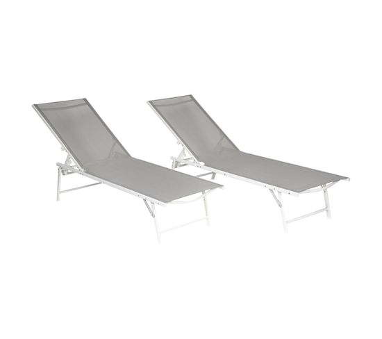 Lot De 2 Bains De Soleil Pliants Sicilia En Textilène Gris - Structure Blanche