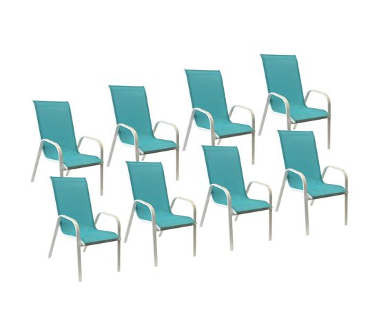 Lot De 8 Chaises Marbella En Textilène Bleu - Aluminium Blanc