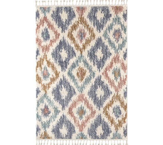 Tapis De Salon Rectangulaire Motifs Berbère Avec Franges - 120x170 cm - Delya - Multicolore