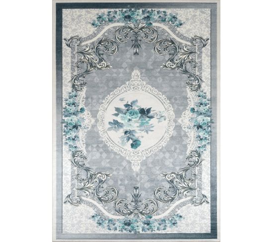 Tapis De Salon Rectangulaire Lavable En Machine A Motif Baroque 80x150 Cm - Stampa 2010 - Bleu