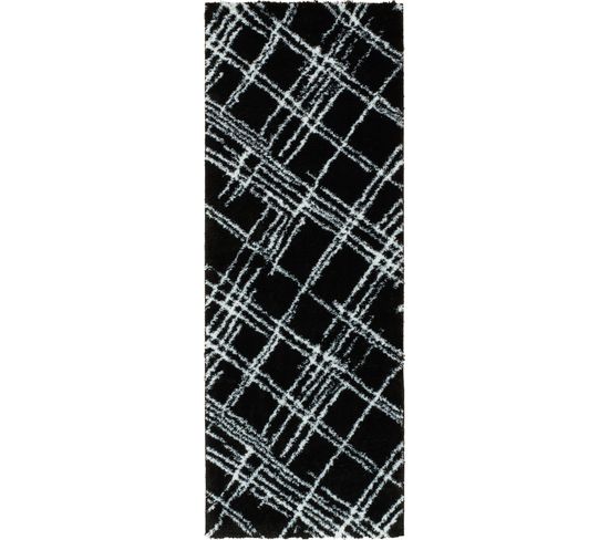Tapis Salon - Motif Géométrique - 668 Noir - Poil Long- Oslo - 80x150 cm - 100% Polyester