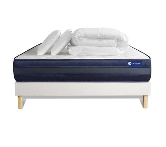 Ensemble  Matelas Actiflex Tech 140x200 Memoire De Forme  Sommier Kit Blanc + 2 Oreillers + Couette